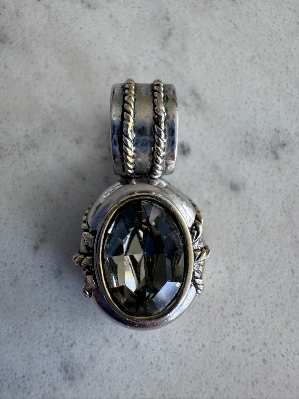 Vintage! Large Silver-Tone Pendant with Faceted Green Crystal and Cable Braids
